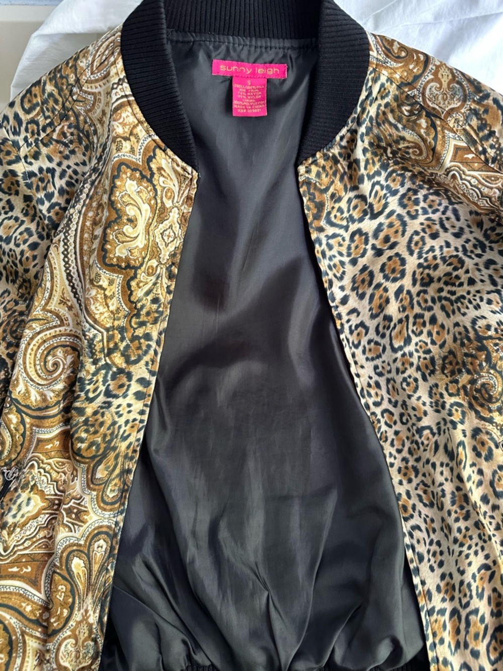 Sunny Leigh 100% Silk Leopard Paisley Bomber Jacket Black Ribbed Trim Size S - Picture 8 of 12